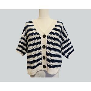 Universal Thread Navy Cream Chunky Knit Coastal Nautical Sweater Cardigan Size M